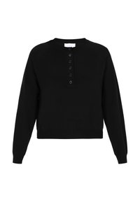 Pulover negru tricotat cu guler rotund, mâneci raglan și placket cu nasturi. Textură moale, cu un tiv scurt.