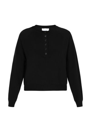 Fekete kötött pulóver kerek nyakkivágással, raglán ujjakkal és gombos zárással. Puha textúra, rövidített aljjal.