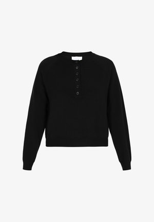 Schwarzer Strickpullover mit Rundhalsausschnitt, Raglanärmel und Knopfverschluss. Weiche Textur mit cropped Saum.