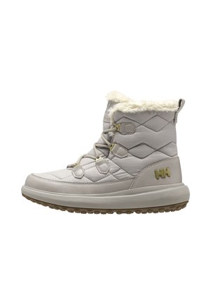 Light grey quilted winter boot with faux fur trim, lace-up front, thick sole, and rubber outsole with grip pattern.
