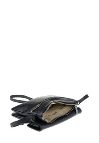 Borsa a tracolla nera in pelle con due compartimenti chiusi da zip, superficie testurizzata e interno foderato morbido con un motivo del marchio.