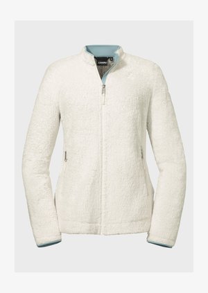 White fleece jacket with a high collar, zip front, and two side pockets. Features soft texture and contrasting light blue inner lining.
