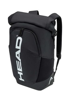 Zaino nero con chiusura a rotolo, tasca frontale con cerniera, spallacci imbottiti e grande logo bianco "HEAD" sul pannello frontale.