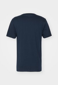 Navy blue cotton T-shirt with a crew neckline and short sleeves. The back is plain, featuring a smooth texture and no visible logos or patterns.