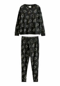 Sorte pyjamas med lange ærmer, der har hvide og gyldne festlige træmønstre. Blødt stof med elastisk talje på de matchende bukser.