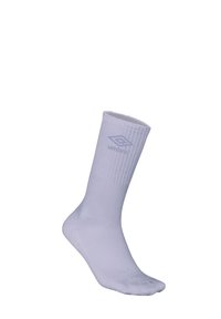 Chaussette haute violet clair fabriquée en matériau côtelé avec une texture lisse. Dispose d'un petit logo Umbro violet foncé sur le côté.