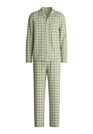 Pigiama a scacchi in tonalità di verde e giallo. Maglia a maniche lunghe con colletto e tasca, abbinata a pantaloni coordinati. Materiale in cotone morbido.