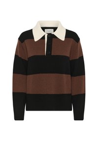 Strikket pullover med horisontale striber i brun, sort og creme. Udsmykket med en cremefarvet krave og tre knapper.