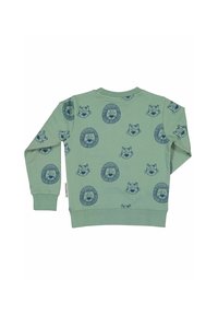 Grön sweatshirt med blå tryck av lejon- och tigeransikten. Har rund halsringning och långa ärmar med ribbade muddar. Mjuk bomullsmaterial.