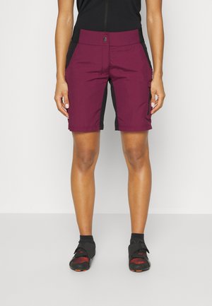 Burgundy shorts with black side panels, button closure, and pockets; designed for active use with a fitted cut and lightweight fabric.