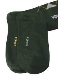 Calzini di cotone verdi con logo "PERFIL" in giallo e bianco a contrasto, una texture a coste e un design a taglio basso.