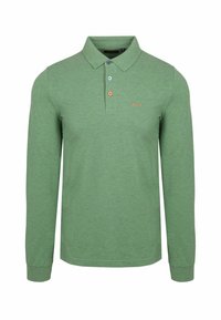 Groene lange mouwen polo shirt van een katoenmix, met een knoopsluiting van drie knopen met blauwe en oranje knoppen en subtiele geborduurde logo's.