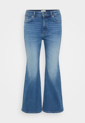 Utslitte, blå denim jeans med flared fasong og middels høy midje, med fem lommer og falming, laget av slitesterk bomullsstoff.