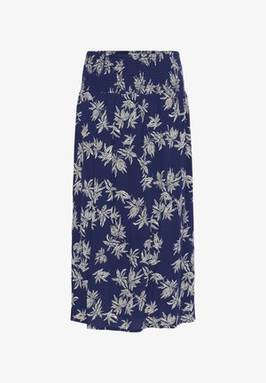 Námornícky modrá sukňa vyrobená z ľahkého materiálu, s gumičkovým pásom a bielym kvetinovým vzorom so vzormi listov po celom povrchu.