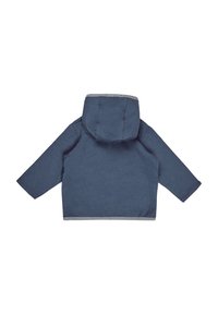 Blaue Jacke mit Kapuze, aus einem schlichten Material, langen Ärmeln und einem kontrastierenden grauen Saum an dem Rand der Kapuze und dem unteren Saum.