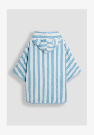 Csíkos kék és fehér kapucnis poncsó, puha polárral készült, lekerekített kapucnival és fülszerű díszítésekkel, rövid ujjakkal.