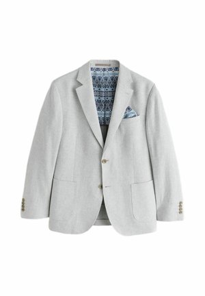 Hellgrauer Herrenblazer mit zwei Knöpfen, aufgesetzten Taschen, blau gemustertem Futter und passendem Einstecktuch.