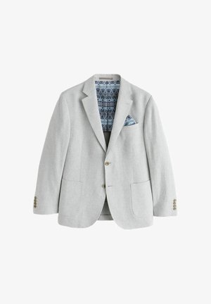 Hellgrauer Herrenblazer mit zwei Knöpfen, aufgesetzten Taschen, blau gemustertem Futter und passendem Einstecktuch.