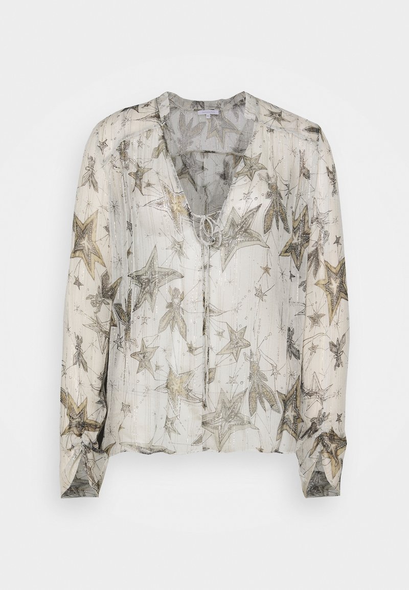 Durchsichtige Bluse mit V-Ausschnitt, die ein Sternmuster in Silber und Gold auf weißem Hintergrund zeigt. Leichter Stoff mit langen Ärmeln und Bindeband.