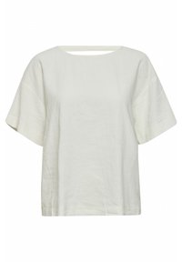 Lněný top v off-white barvě s širokým čtvercovým výstřihem a krátkými, volnými rukávy. Má jednoduchý, nezdobený design a lehkou strukturu.