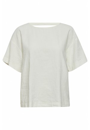 Lněný top v off-white barvě s širokým čtvercovým výstřihem a krátkými, volnými rukávy. Má jednoduchý, nezdobený design a lehkou strukturu.