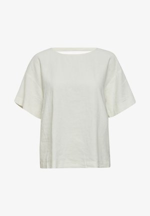 Top in lino bianco sporco con scollatura ampia e quadrata e maniche corte e morbide. Presenta un design semplice e non decorato, con una texture leggera.