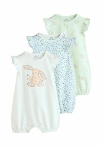 Tre baby rompers: en hvid med blå prikker og en kanin broderi, en blå med blomster, og en mintgrøn med dyretryk. Flæser på ærmerne.