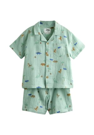 Svetlozelený krátkyrukávový košeľový set pre batoľatá s krátkymi nohavicami s potlačou dinosaurov a rastlín v modrej, hnedej a zelenej farbe.