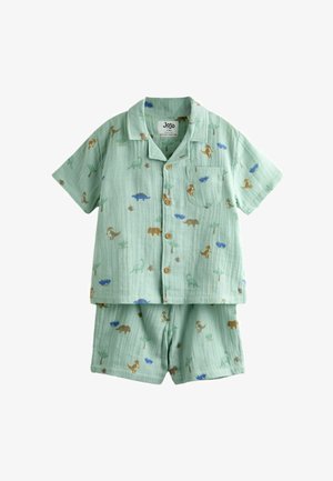 Svetlozelený krátkyrukávový košeľový set pre batoľatá s krátkymi nohavicami s potlačou dinosaurov a rastlín v modrej, hnedej a zelenej farbe.