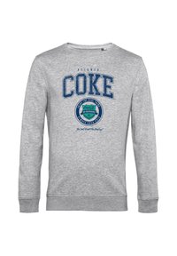 Felpa grigia in cotone con maniche lunghe, con testo "Atlanta Coke" in blu e un logo rotondo della Coca-Cola al centro.