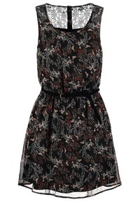 Robe noire sans manches avec motif floral, détail en dentelle au niveau du décolleté et une fine ceinture noire à la taille.