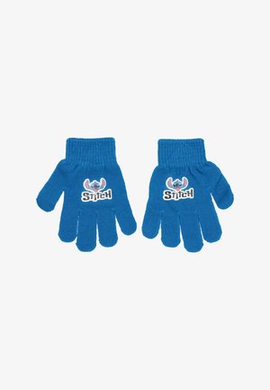 Guanti in maglia blu con un personaggio dei cartoni animati con grandi orecchie e un volto sorridente nell'area del polso. Design a dito intero.