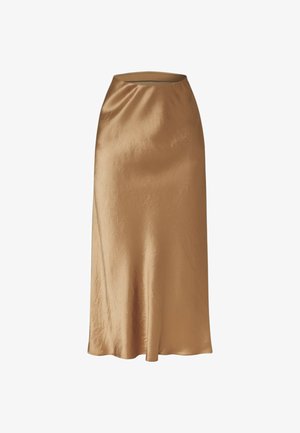 Gonna midi in raso di colore beige caldo con una texture liscia, caratterizzata da una vita aderente e una silhouette a trapezio che si apre delicatamente sull'orlo.