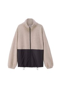 Beige-schwarze Fleecejacke mit hohem Kragen, durchgehendem Reißverschluss und elastischen Bündchen. Verfügt über zwei Fronttaschen und einen Kordelzug am Saum.