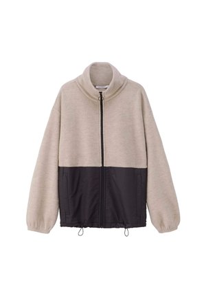 Beige-schwarze Fleecejacke mit hohem Kragen, durchgehendem Reißverschluss und elastischen Bündchen. Verfügt über zwei Fronttaschen und einen Kordelzug am Saum.