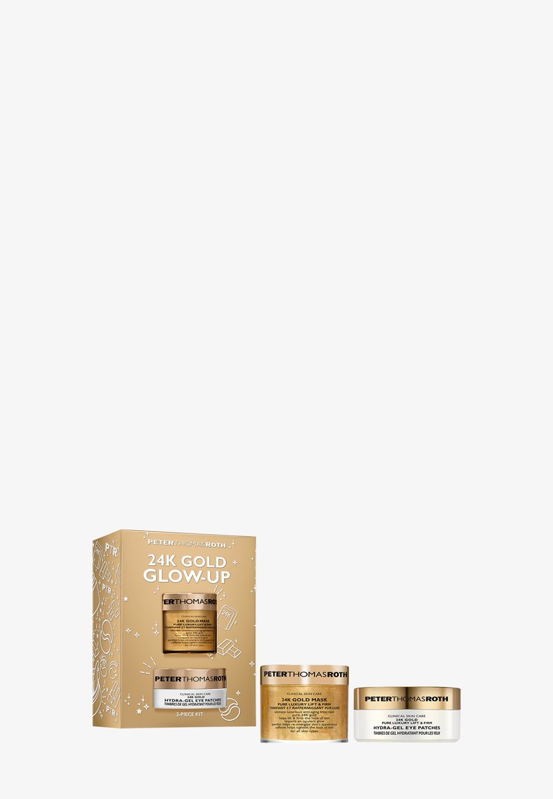 Set de soins Peter Thomas Roth 24K Gold Glow-Up comprenant un masque en or 24K et des patchs pour les yeux en gel hydratant, présentés dans des contenants dorés et blancs.