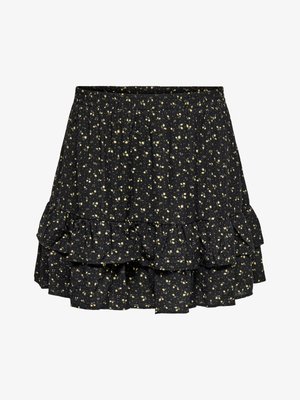Mini jupe noire à volants avec un petit imprimé floral jaune et une taille élastique, avec un détail volanté le long de l'ourlet.