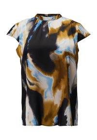 Kurzarmbluse aus seidig glattem Stoff mit einem mehrfarbigen abstrakten Muster in Schwarz, Braun und Blau sowie einem Schlüsselloch-Ausschnitt.