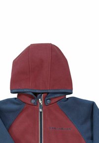 Fleece hoodie in burgundy and navy blue with a zip closure, rounded hood, and logo detail on the chest. Soft texture and colorblock design.