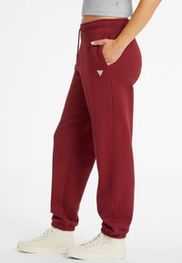 Bordo spalvos treningai su elastinėmis rankovėmis, šoninėmis kišenėmis, raišteliu juosmenyje ir mažąja logotipo etikete. Pagaminti iš minkštos, tvirtos medžiagos.