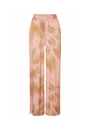 Pink wide-leg pants with brown abstract palm leaf patterns and an elastic waistband.