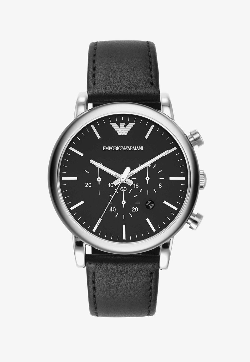 Schwarze Chronograph-Armbanduhr mit silbernem Gehäuse, weißen Stundenmarkierungen, drei Hilfszifferblättern, Datumsfenster und schwarzem Lederarmband, Anzeige 10:08:35.