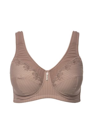 Beige bh met verticale strepen, kanten accenten aan de bovenkant en een decoratieve kralendetail in het midden. Brede verstelbare bandjes.