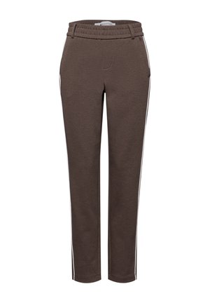 Bruine joggerbroek met een gestructureerde stof, voorzien van witte zijstrepen, elastische tailleband en voorzakken.