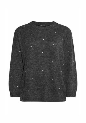 Szary, dziergany sweter z okrągłym dekoltem, ozdobiony rozproszonymi srebrnymi elementami. Długie rękawy i luźny krój. Teksturowany materiał.