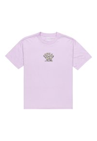 Camiseta de manga corta en lavanda, hecha de algodón, con cuello redondo y un diseño impreso de cactus que presenta "RVCA" en verde y negro.
