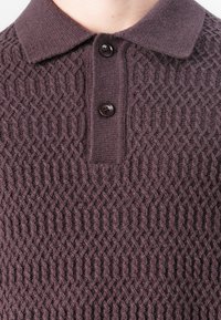 Knitted polo shirt in dark purple, featuring a textured pattern, fold-down collar, and two brown buttons at the neckline.
