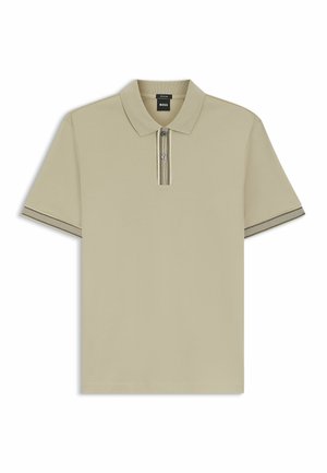 Beige Kurzarm-Poloshirt mit Kragen, Zweiknopfleiste und gestreiftem Besatz an Ärmelenden und Leiste.