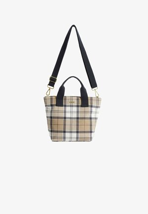 Petit sac cabas beige et marron à carreaux avec des petites poignées noires et une longue bandoulière noire réglable avec des fermoirs dorés.