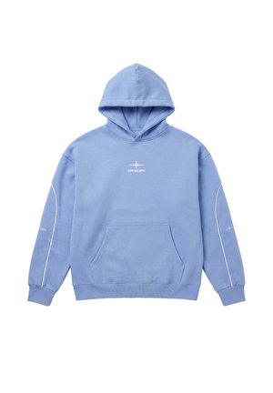 Sudadera con capucha azul claro con bolsillo frontal, ribete blanco en las mangas y logo blanco de PXP centrado en el pecho y las mangas.